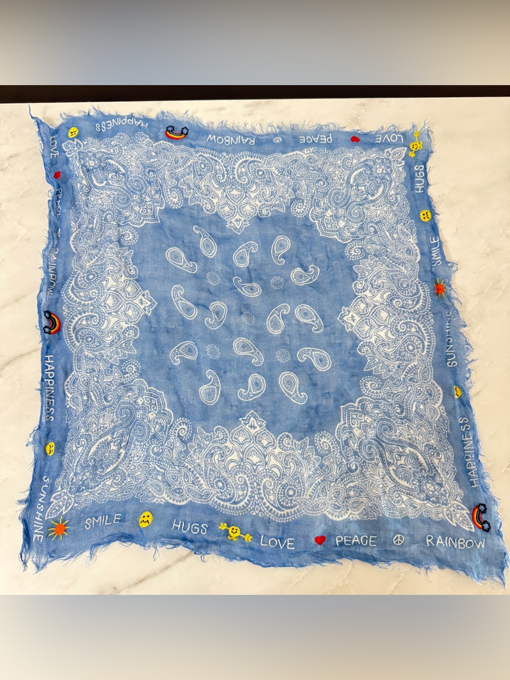 CITRUS Blue Paisley Linen Embroidered Bandana Scarf